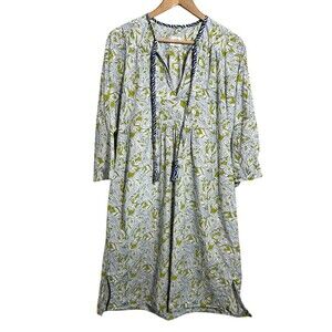 TOAST Cotton Caftan Dress S/M Leaf Print Blue Cottagecore Lagenlook Midi Tie